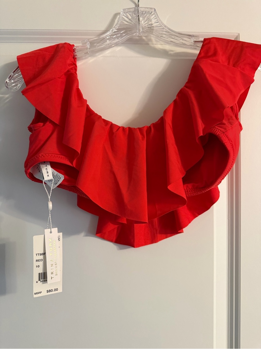 Trina Turk Red Ruffled Off-Shoulder Crop Swim Top